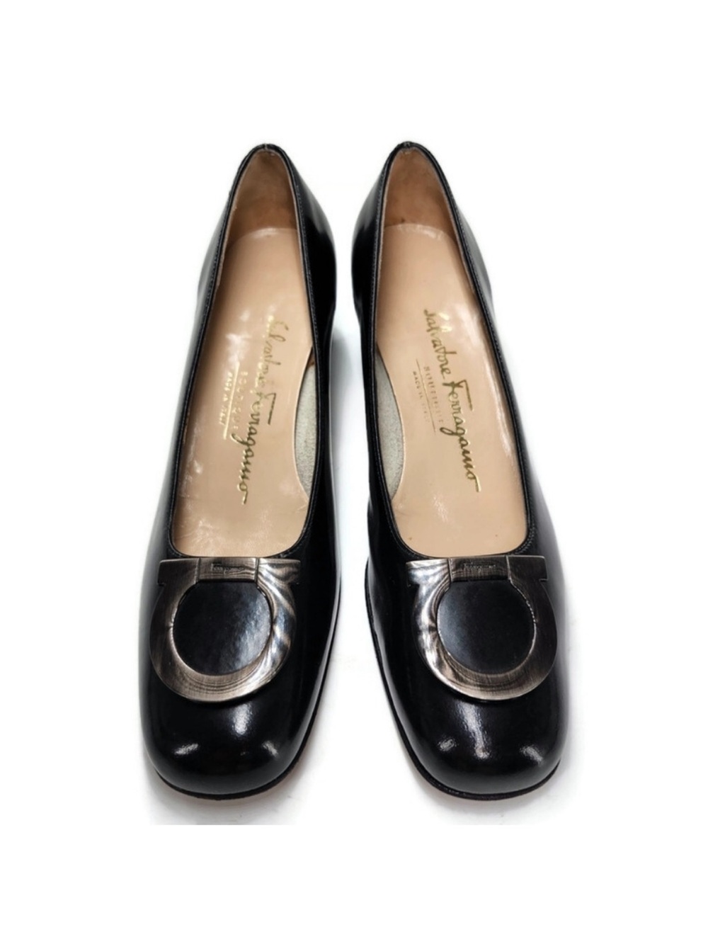 Salvatore Ferragamo Classic Black Leather Pumps with Silver Gancini Accent